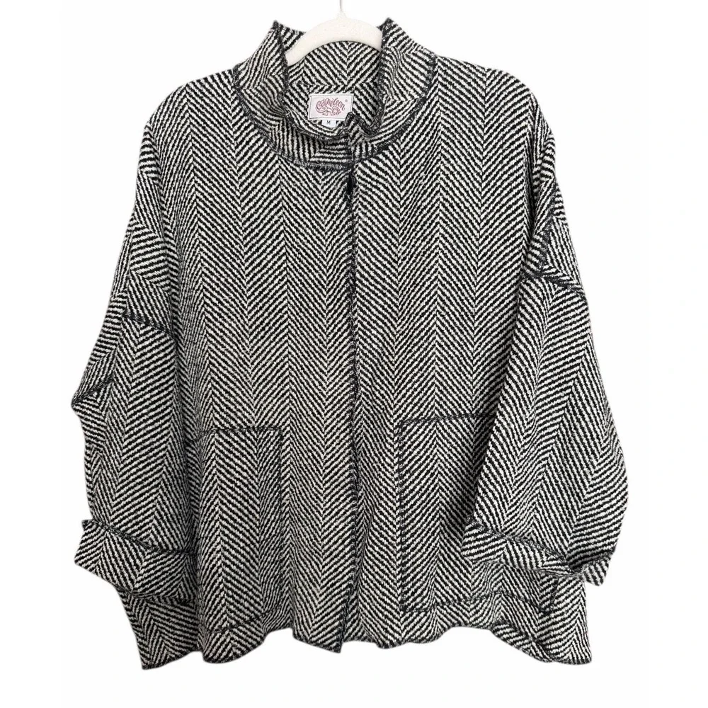 Cameleon‎ Black Wool Herringbone Oversized Sweater Coat Women's Size Medium